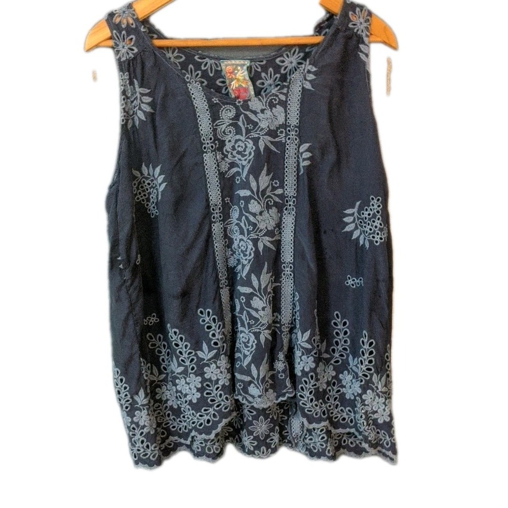 Johnny Was Navy Blue Floral Embroidered Tank Top - Picture 11 of 13